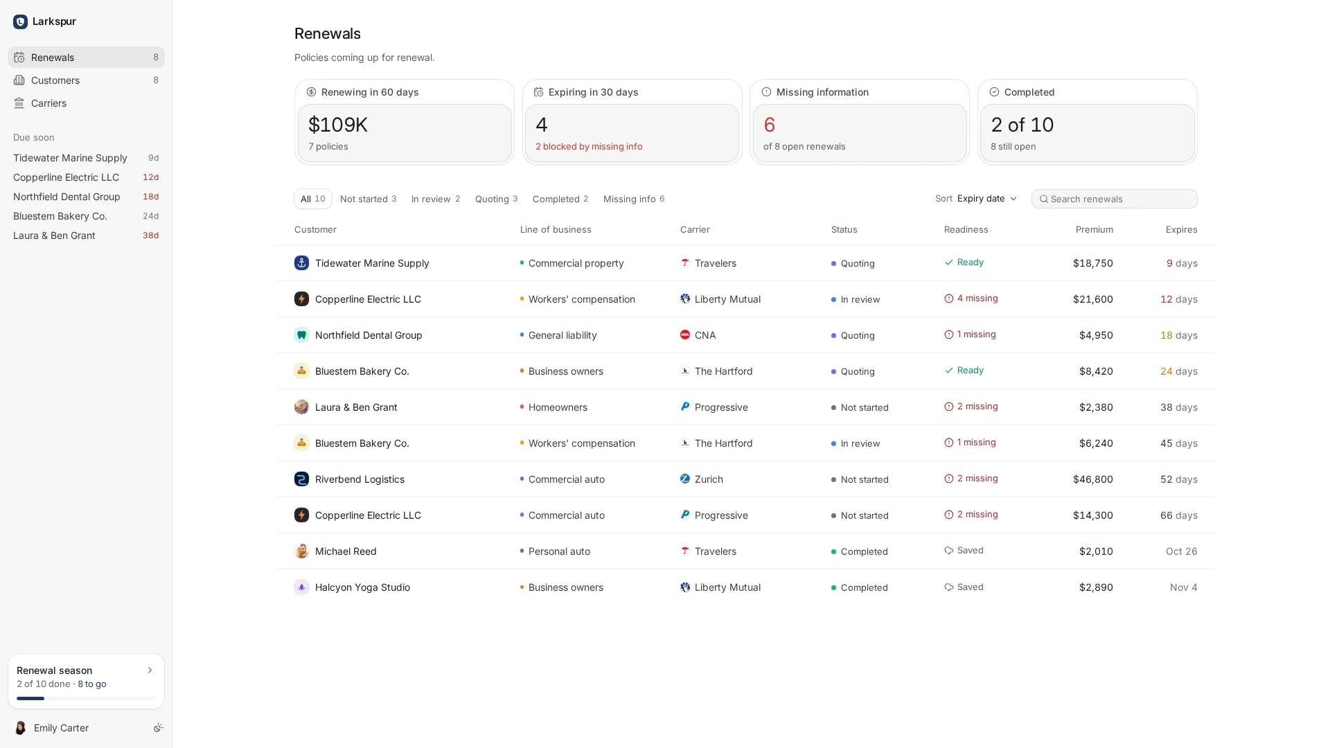 Insurance Renewal Tracker template interface showing customer, coverage line, carrier, premium, and expiry details