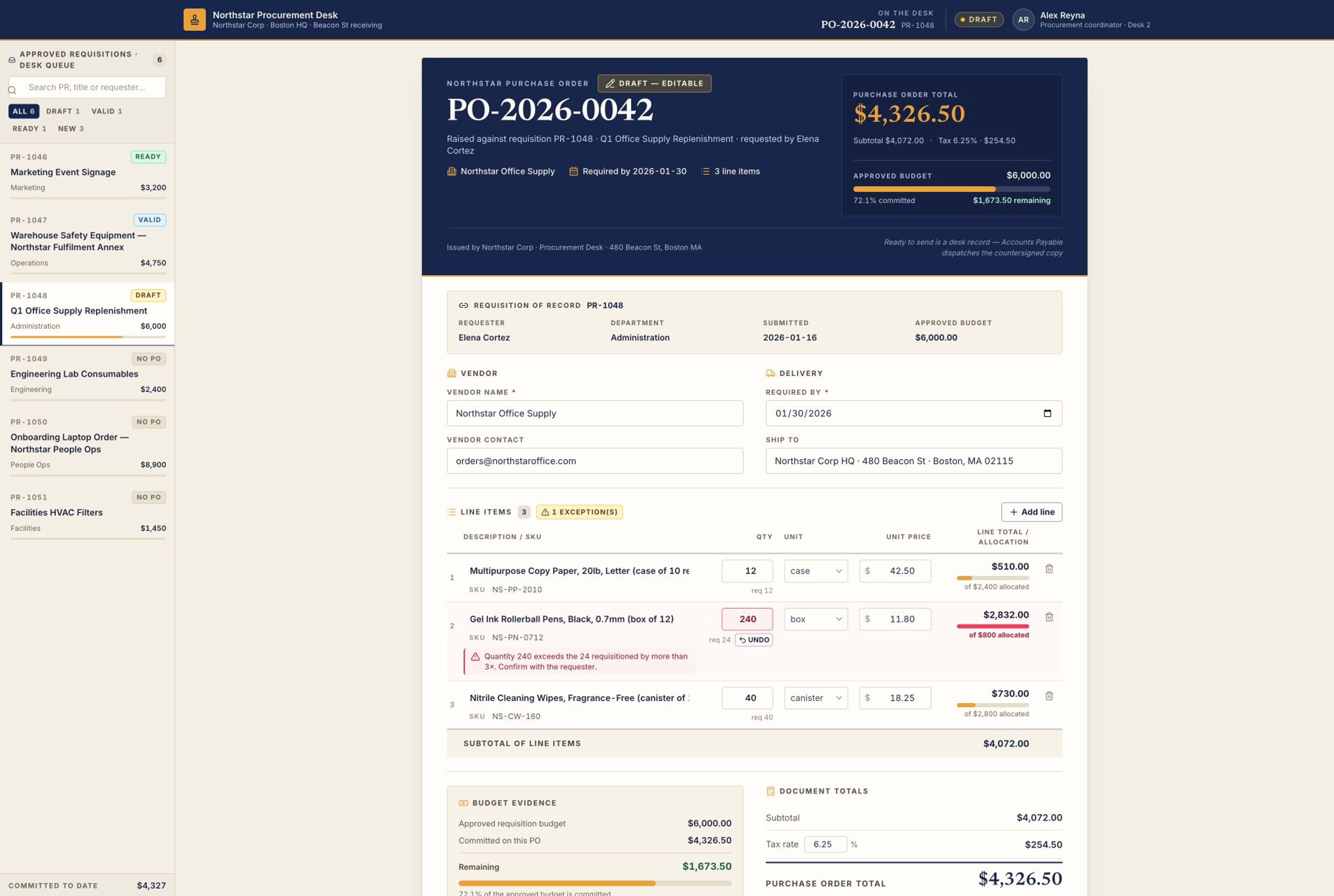Purchase Order System template interface showing approved requisition-to-PO workflow, editable vendor, delivery, tax