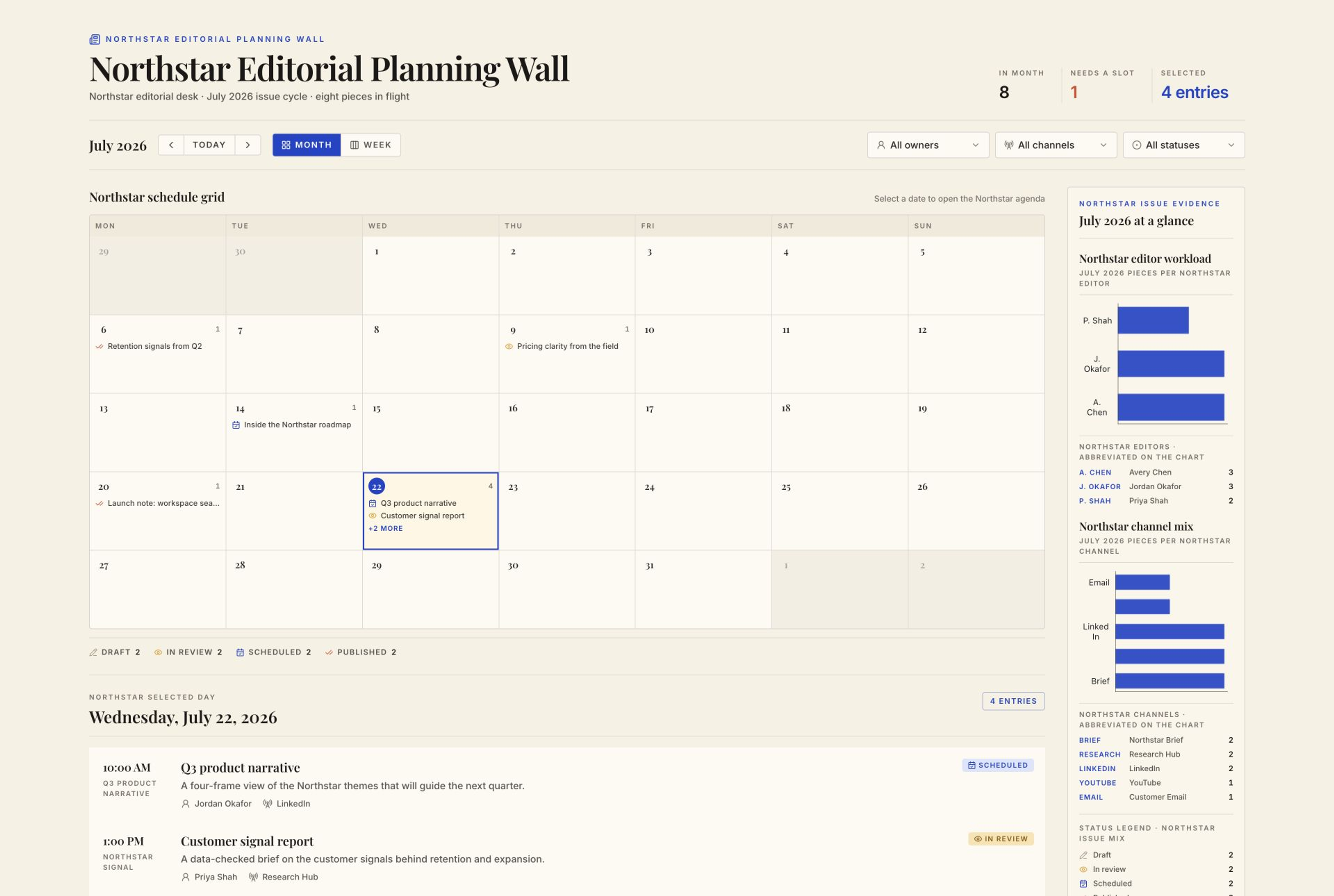 Content Calendar template interface showing interactive month and week planning views