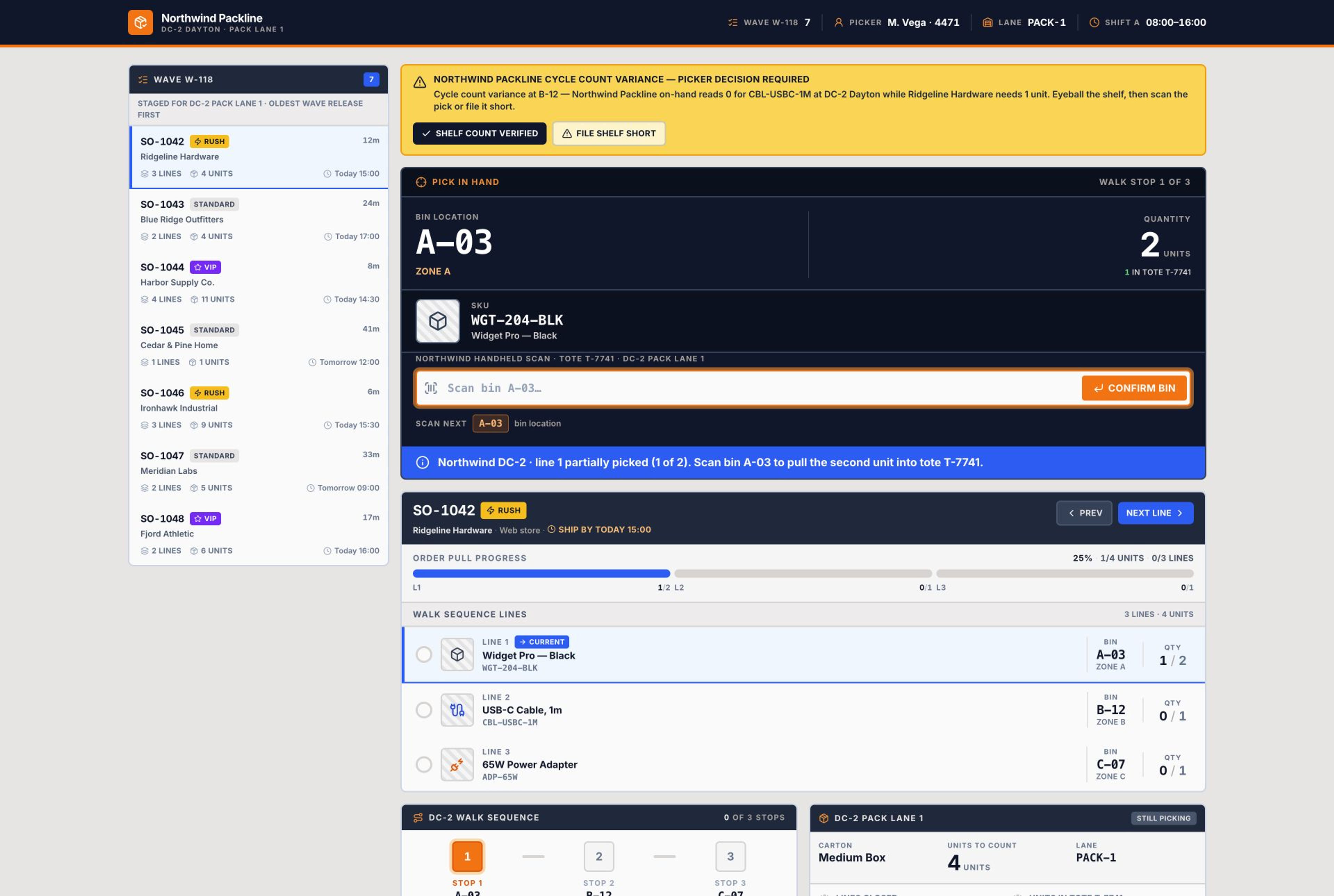 Pick And Pack Software template interface showing seven-order ready-to-pick queue, guided bin and SKU barcode validation