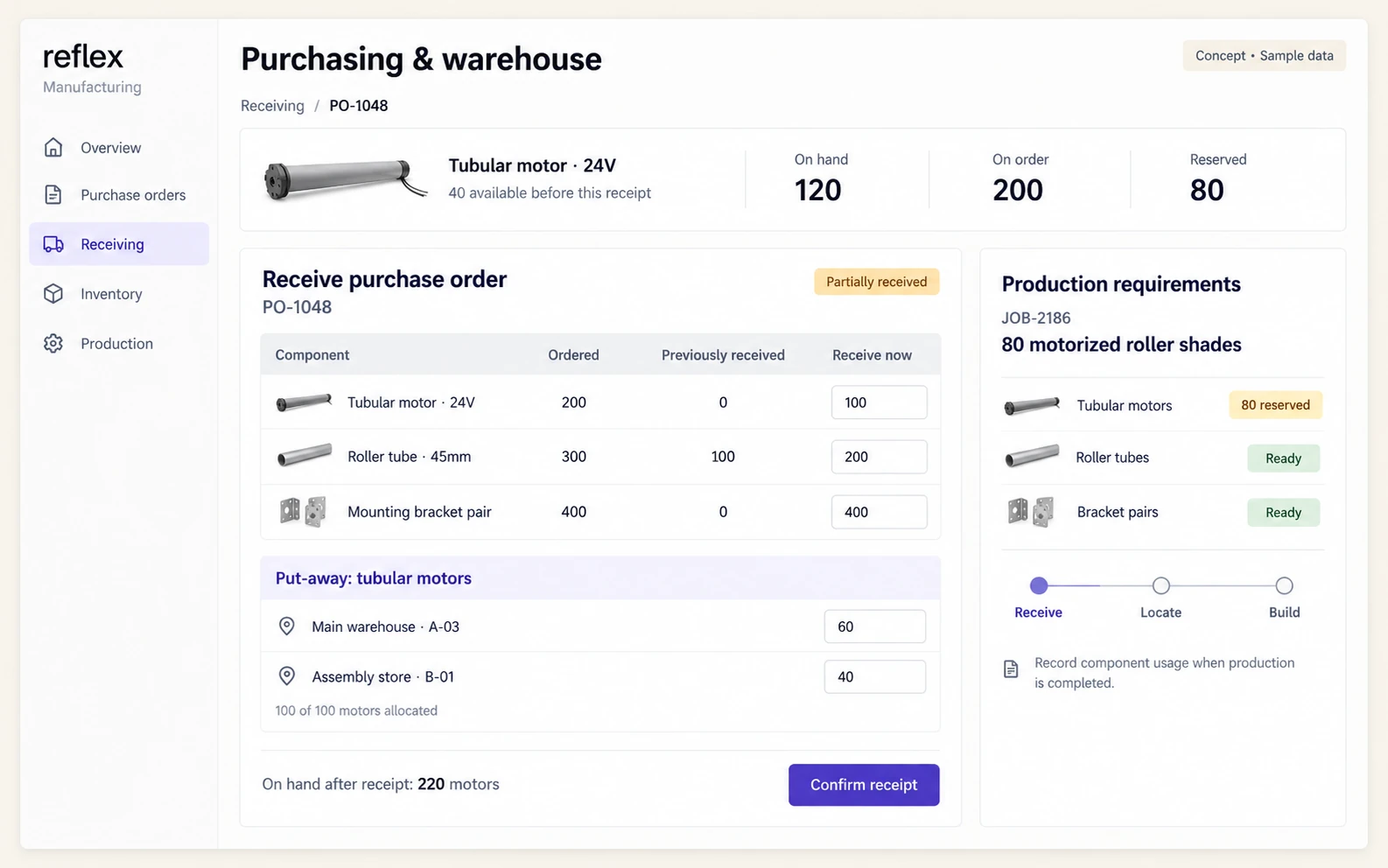 Blinds & Window-Covering Erp template interface showing material requirements and proposed purchase orders