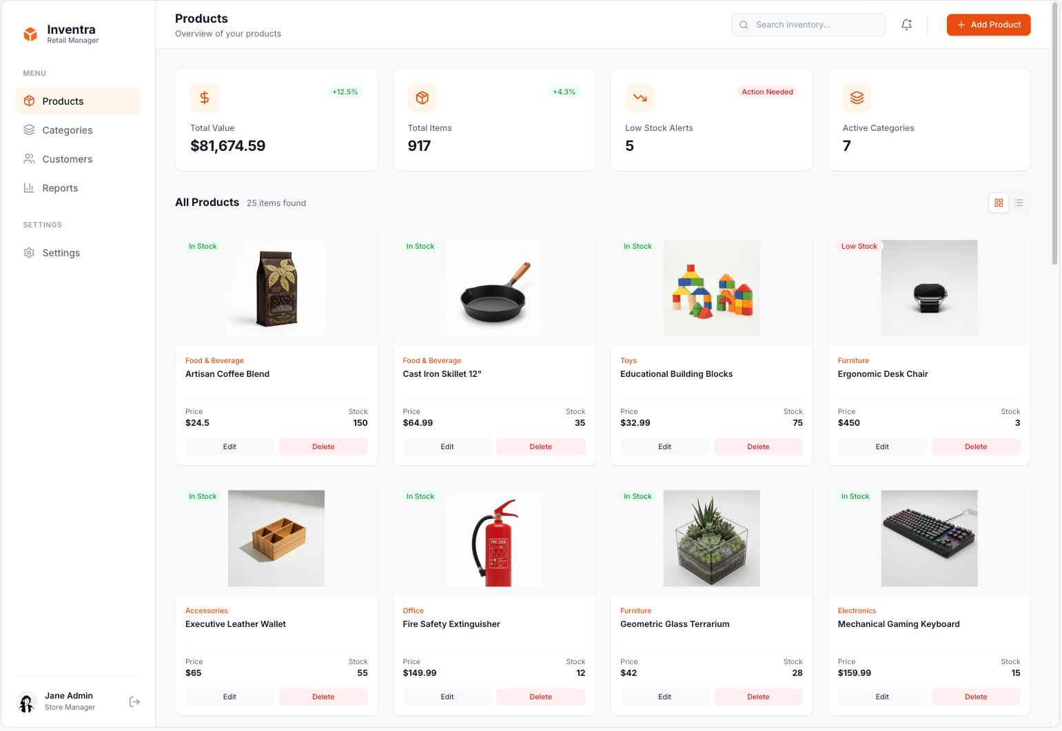 Retail Inventory Manager template interface showing products, stock levels, vendors, and locations