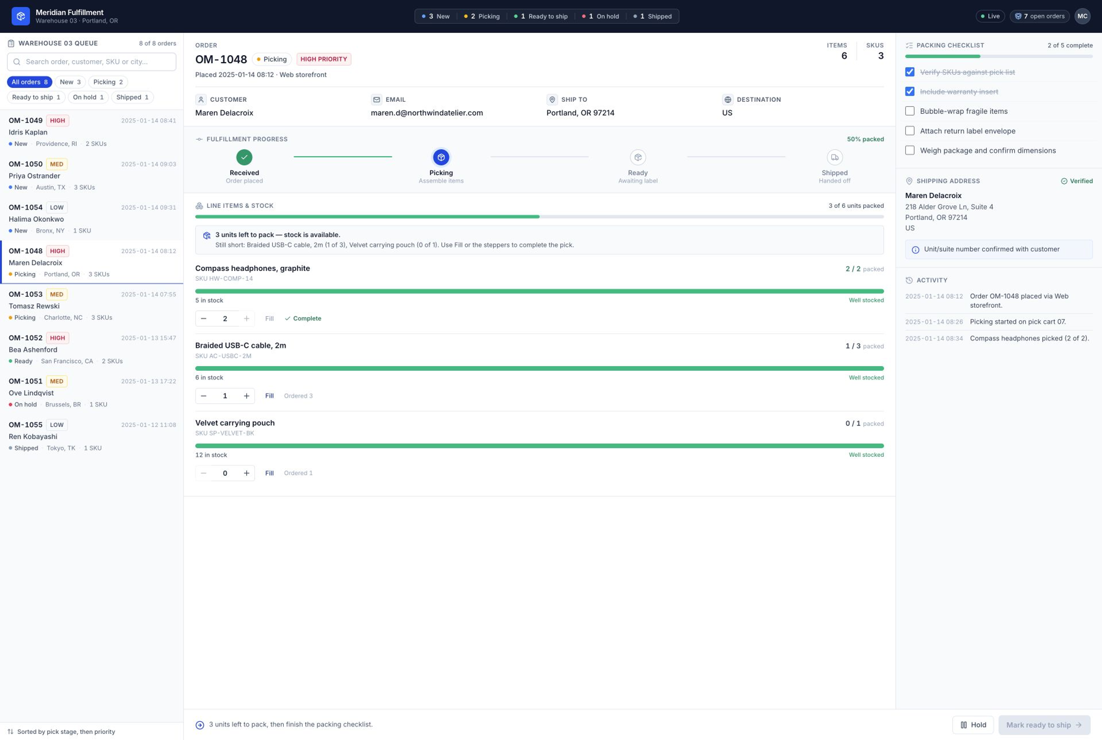 Order Management System template interface showing searchable, status-filtered priority order queue