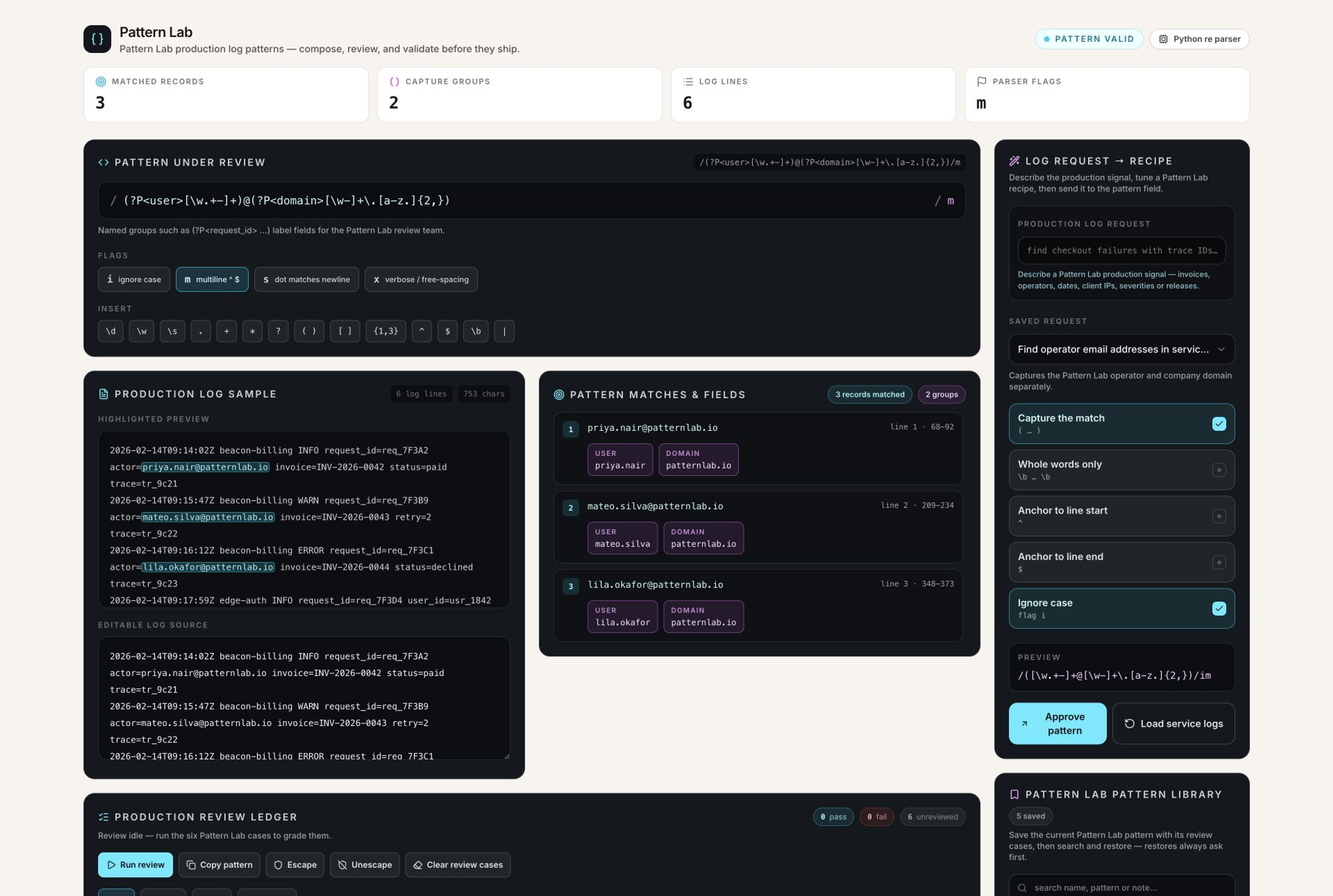 Regex Tester & Generator template interface showing natural-language recipe picker with deterministic pattern suggestions