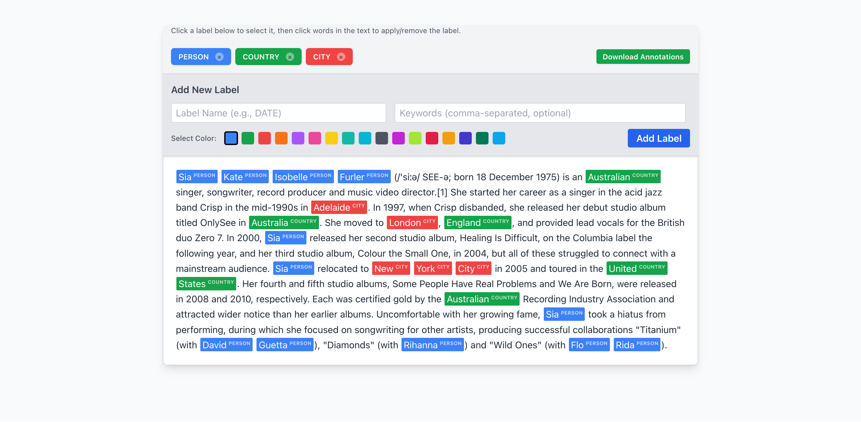 Text Annotation Tool template interface showing documents, snippets, entities, sentiment, and categories