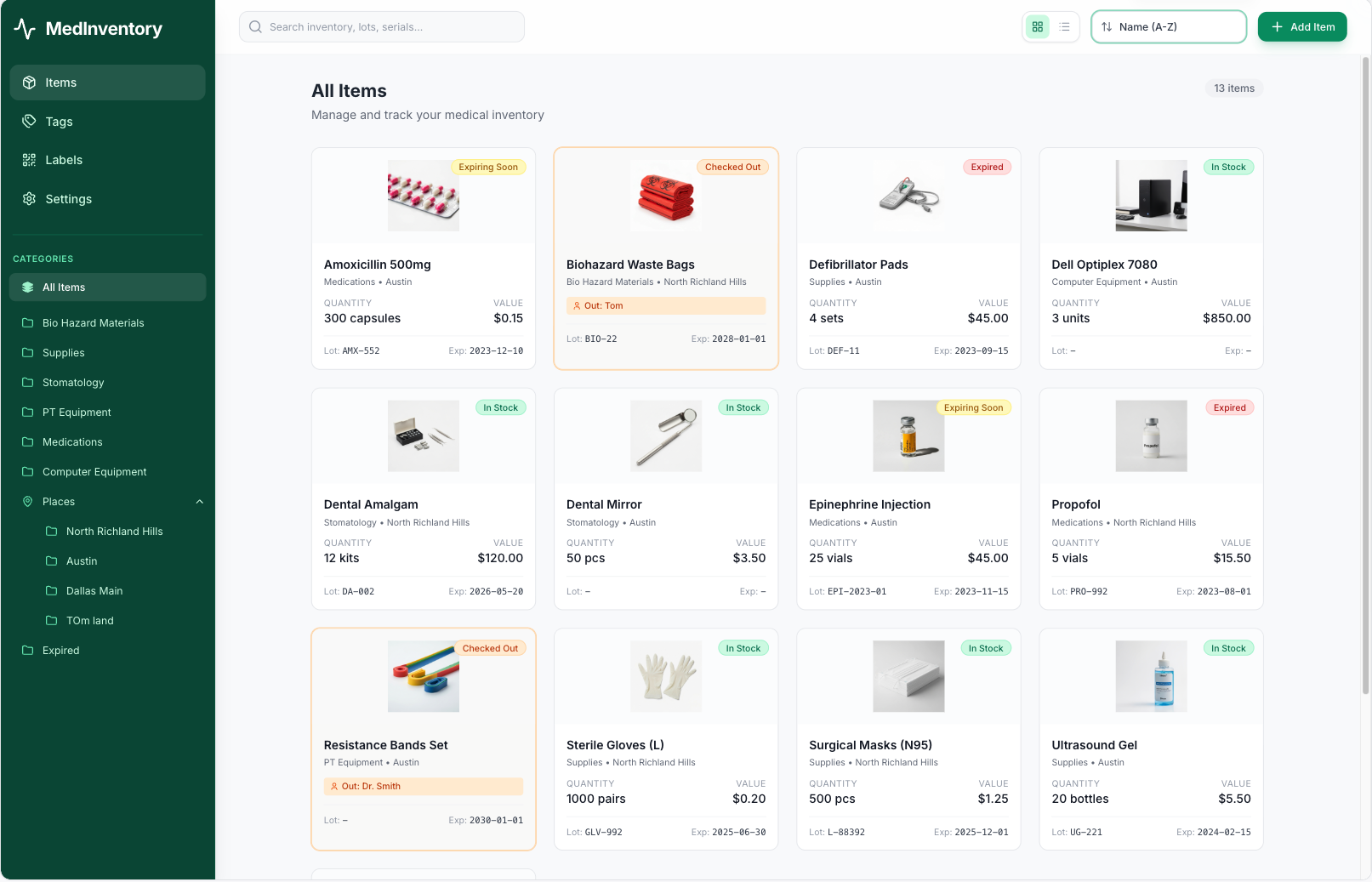 Medical Inventory Manager template interface showing supplies, equipment, medications, and storage locations